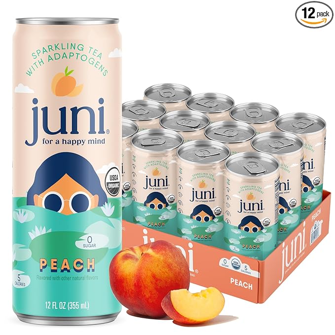 Juni Sparkling Adaptogen Drink with Ashwagandha, Lion?셲 Mane & Reishi Mushrooms | Green Tea for Focus, Zero Sugar, 5 Calories, Organic | Non Alcoholic Drinks - Peach 12 pack