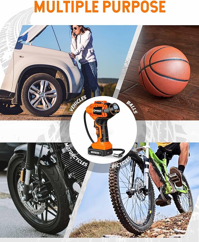 WORKSITE Cordless Tire Inflator Air Compressor,Portable Handheld Air Pump,Battery Powered Car Tire Pump with 12V Car Power Adapter Digital Pressure Gauge for Cars Motorcycles, Orange