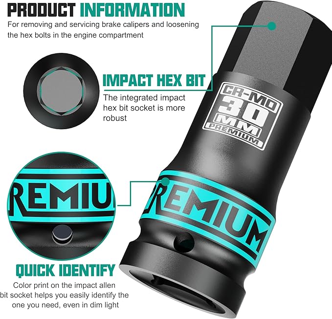 3/4" Drive H30 Impact Hex Bit Socket, 30 mm Allen Bit Socket, Metric, Cr-Mo Steel, Car Maintenance, Furniture Installation, Mechanic Use