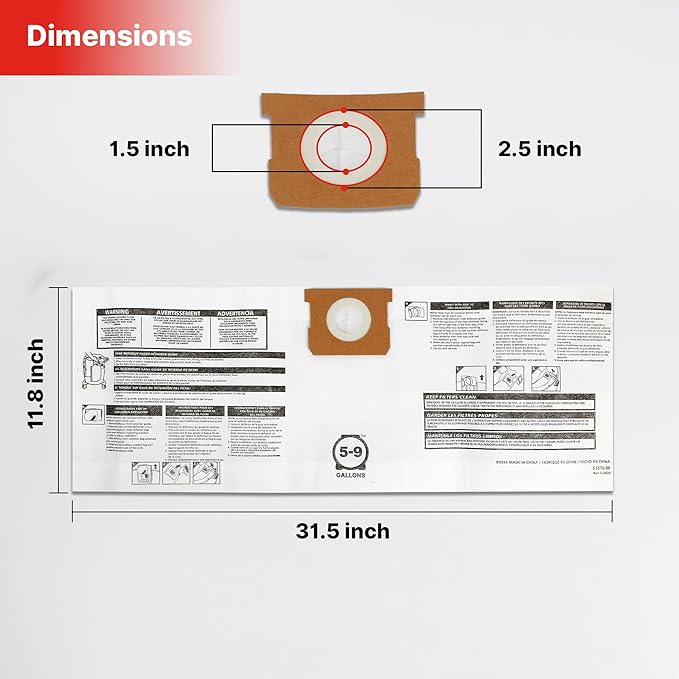 Shop-Vac 9066133 Disposable Filter Bags, Fits 5-9 Gallon Vacs, For Dry Pick-Up Only, White Paper, (3-Pack)