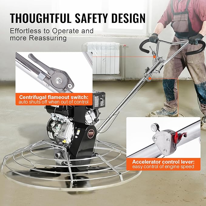 VEVOR Power Trowel, 46??Walk-Behind Cement Trowel with Float Pan, 14HP Gas-Powered Smooth Concrete Surface Finisher, Heavy Duty Commercial Screed Concrete Cement with Finishing Blade