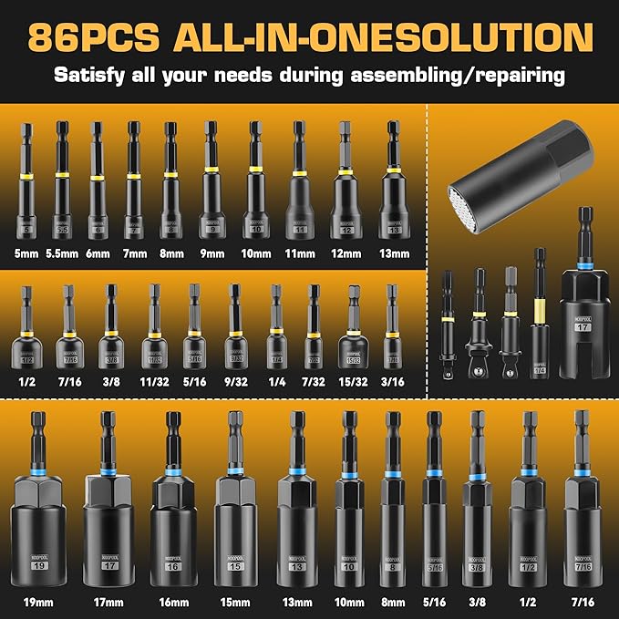 Magnetic Impact Nut Driver Set, Metric & SAE Driver Bit Set with Socket Adapters, Bit Holder, Wing Nut Driver, Universal Sockets, Quick Release Extension, Power Bits