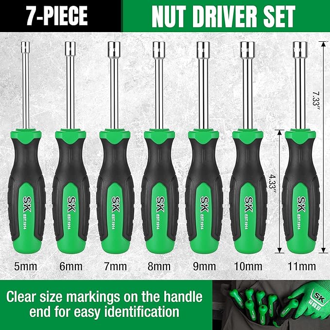 SK 7-Piece Metric Nut Driver Set, 5, 6, 7, 8, 9, 10, 11 mm, Premium CR-V Construction, SureGrip Handle