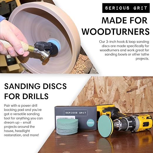Serious Grit - 3-Inch 120 Grit Sanding Discs - Heavy-Duty Hook & Loop Film Discs - Sandpaper for Woodturning, Bowl Sanding & Power Tool Drill Attachment Sanding Pads - Pack of 50