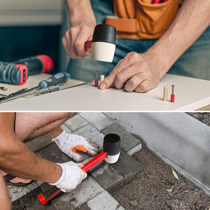 2-Piece Rubber Mallet Hammer Set-16 oz. White and Black Rubber Mallet and 35 mm Dual Nylon Head Installation Hammer, Soft Grip Fiberglass Handle, Double-faced Non-marring and Solid Head