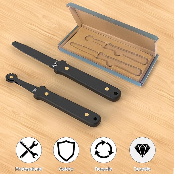 Zentara 2-Piece Cardboard Tool Set ??Full-Tang Stainless Steel Cutting Knife & Creasing Wheel with Carbonized Wood Handles, Teflon Coating, Gift Box for DIY Crafts & Box Resizing