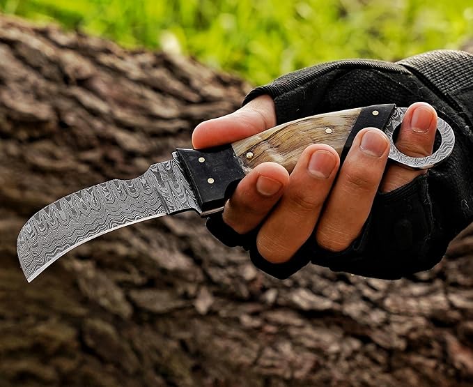 Handmade 1095 Steel Lineman’s Hawkbill knife with Leather sheath, Heavy Duty Utility Knife blade Electrician Wire Skinning knife for professional.(Horn)