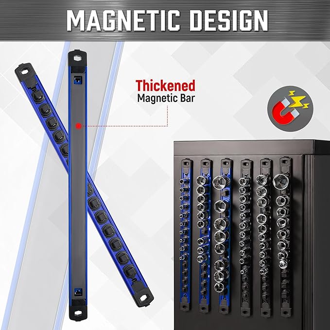 ALOANES 6-Piece Magnetic Socket Organizer, Heavy Duty Aluminum Socket Rails Organizer, 360째 Swivel Clips Socket Holder Kit for Tool Box, 1/2, 3/8, 1/4-Inch Socket Holder x 80 Clips (Red&Blue)