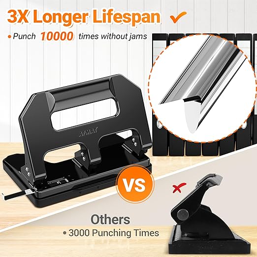 AFMAT HPX1 Heavy Duty 3 Hole Punch, 3 Hole Puncher for Binder, 40-Sheet Three Hole Punch w/ 10000+ Uses, Metal Hole Puncher 3 Ring, 50% Reduced Effort, Bulit-in S.S. Paper Guide (Black)