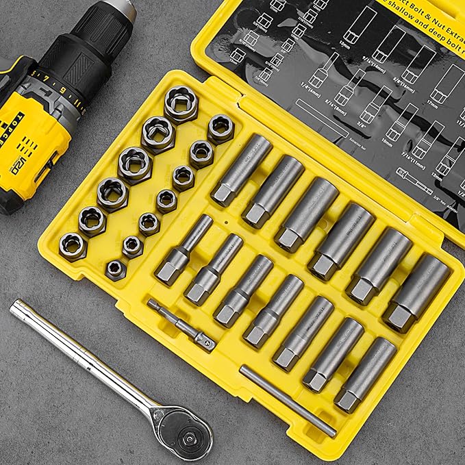 Topec Deep Bolt Extractor Set 28PCS, 3/8" Drive Bolt Extractor Kit, Spark Plug Extractor Socket Set, Lug Nut Removal Tool for Stripped, Broken, Rounded Bolts Lug Nut Stud Remove