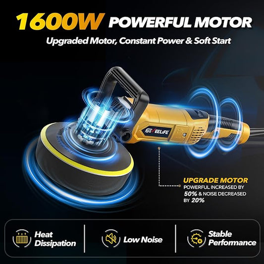 GEVEELIFE Buffer Polisher, 6 Inch/7 Inch 1600W Rotary Car Buffer Polisher Waxer, 7 Variable Speed 1000-3500 RPM, Detachable Handle for Car, Boat Sanding, Polishing, Waxing(Yellow)