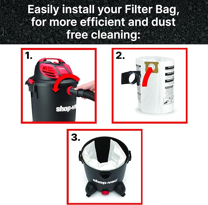 Shop-Vac 9066233 Disposable Filter Bags, Fits 10-14 Gallon Vacs, For Dry Pick-Up Only, Non-Hazardous Materials, (3-Pack)
