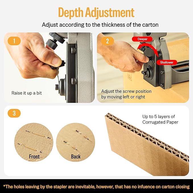 meite Box Stapler HB3518 Manual Carton Closer 16 Gauge Heavy Duty Packaging Stapler for Corrugated Case, Depth Dial for 1-8mm Cardboard, Accepts 1-3/8" Crown 3/4" Leg Staples, No Air Needed