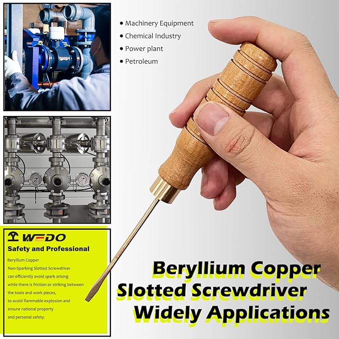 WEDO Slotted Screwdriver, Precision Screwdriver with Wooden Handle,Non-Sparking Flat Head Screwdriver,Tip Size 5mm,Length 200mm,Beryllium Copper,DIN Standard,BAM Certification