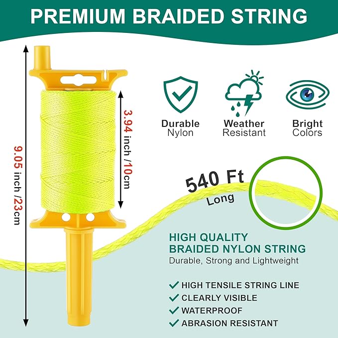 2 Pack Mason String Line Reel for Construction, Twisted 540 FT #18 Braided Nylon String with 10 Mason Line Level, High Visibility Braided Nylon Twine for Masonry Tools, Gardening, DIY(Yellow)