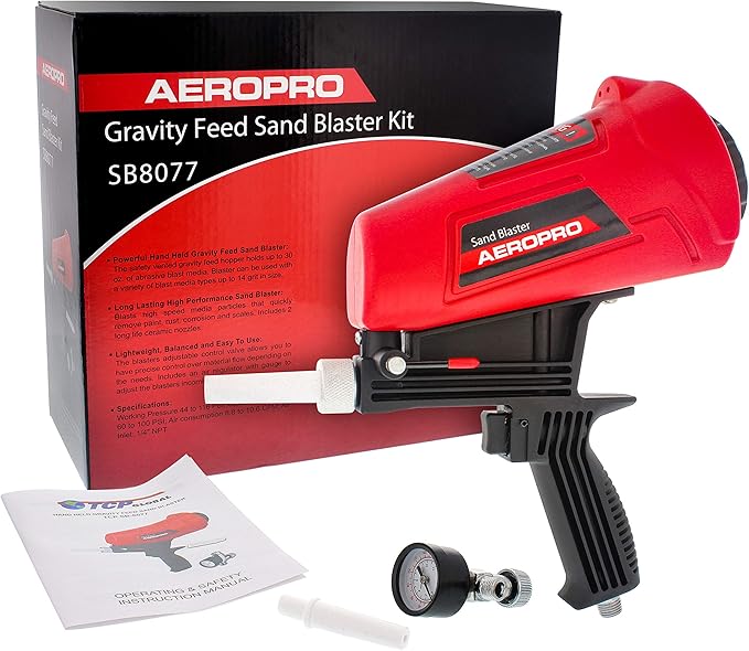 TCP Global Gravity Feed Sand Blaster Gun Kit - Portable Air Compressor Sandblaster, 2 Ceramic Nozzles & Regulator - Abrasive Media & Soda Blaster - Rust, Metal, Wood & Paint Removal