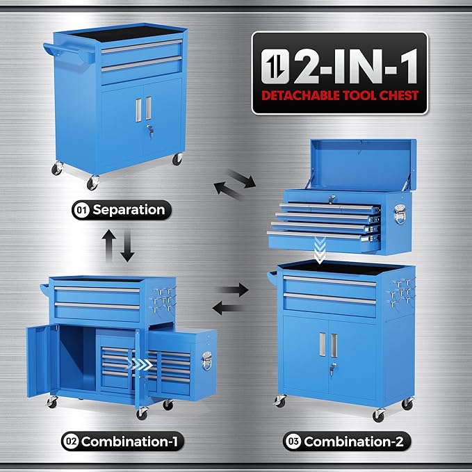 INTERGREAT 8 Drawers Tool Chest, 42'' Large Rolling Tool Chest, Detachable Top Tool Box, and Locking Mechanism, Metal Tool Cart with Liner and 6 Hooks for Garage, Workshop, Blue