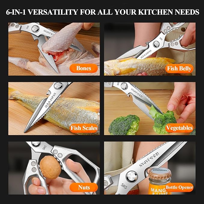 2-Piece Heavy Duty Kitchen Scissors Professional Stainless Steel Meat & Poultry Shears for Cutting Chicken Bones with Ergonomic Comfort Grip, Dishwasher Safe Cooking Scissors for Kitchen & BBQ Black