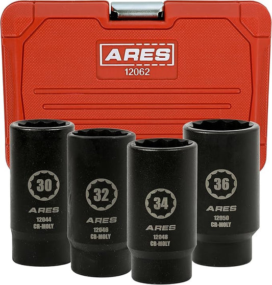 ARES 12062-4-Piece Axle Nut Socket Set - 30mm, 32mm, 34mm, and 36mm Axle Nut Sockets - 12 Point Sockets - Extra Deep 1/2-Inch Drive Impact Socket for Easy Removal of Axle Shaft Nuts
