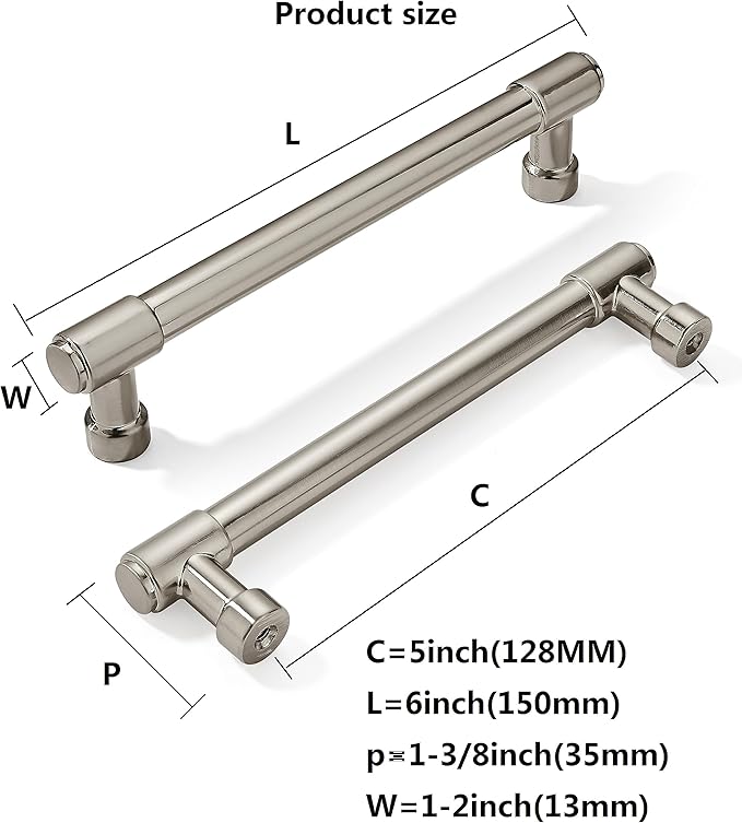 khtumeware Brushed Satin Nickel Cabinet Pulls - Center to Center 5" (Approx. 128MM) - Pack of 6 - Kitchen Handles for Cabinets Cupboard Handles Drawer Pulls