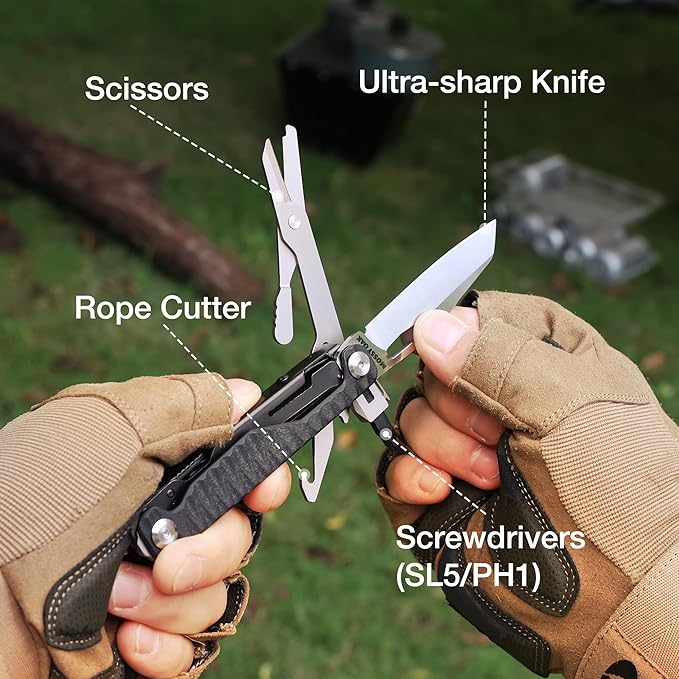 Mossy Oak Multitool Knife, 12 in 1 Pocket Multitool with G10 Handle, EDC Multi Tool Knife with Scissors Bottle Opener Screwdrivers and More for Camping, Survival, Hunting and Outdoors