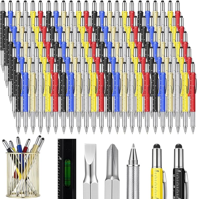 Honoson 120 Pcs Tool Pen for Men Gift 6-in-1 Multitool Tech Tool Pen with Ruler, Level Gauge, Ballpoint, Stylus, Screwdriver and Slotted Screwdriver Multifunction Gift for Dad Father Day (Fresh Color)