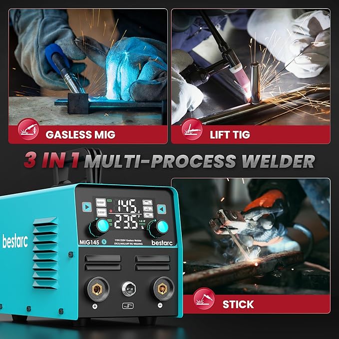 bestarc 145A MIG Welder, 110V/220V Gasless Flux Core MIG Welder/Lift TIG/Stick 3 in 1 Synergic MIG145 5GEN Welding Machine, Portable Flux Welder with Digital Screen Display