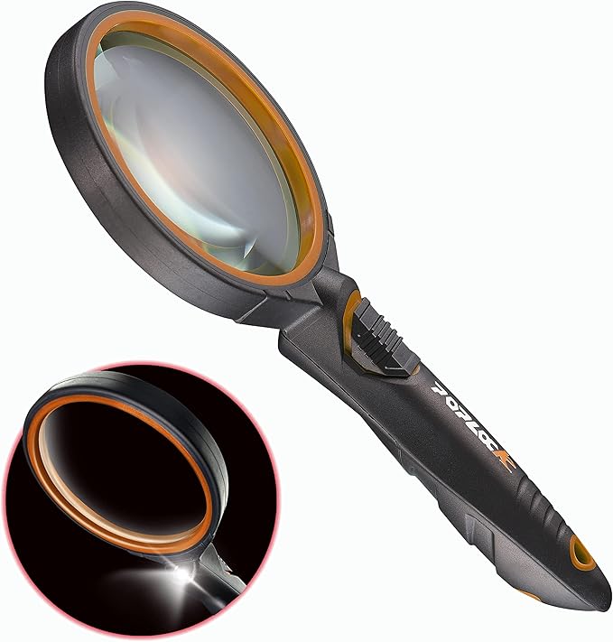 POPLOCK Magnifying Glass w Light, 5X Lens, 2-Side Concave and Convex Design for Close Work, Kids??Class, Adults, Gemstones, Handheld Lighted Tool, Orange