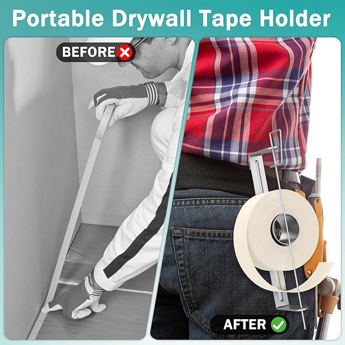 Heavy Duty Drywall Tape Holder, Drywall Tape Reel Dispenser Holder, Quick Loading Retaining Pin & Easy-to-Use Belt Clip, Powder Coated Rust-Proof Steel, Holds up to 500 feet of Tape