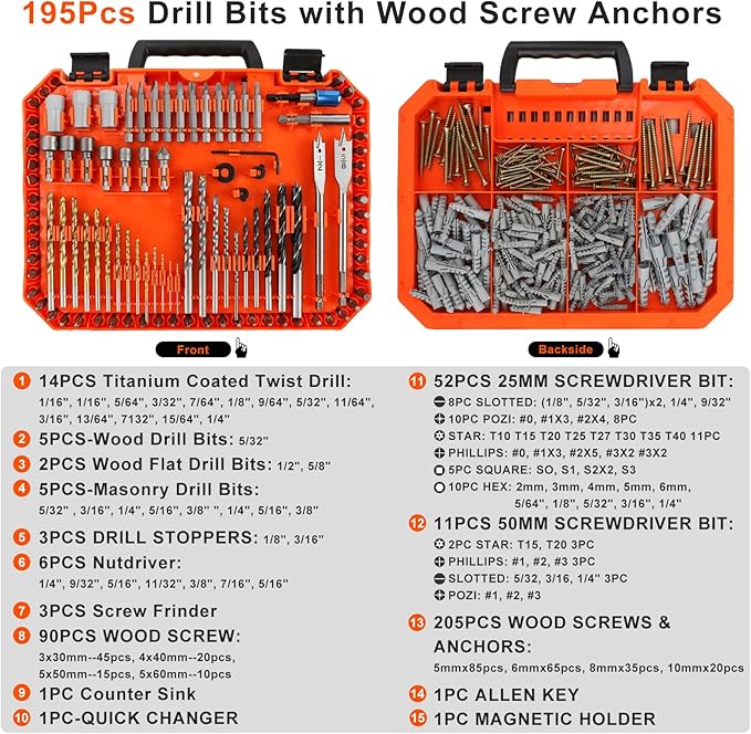 COMOWARE 400Pcs Drill Bits Set竊?95Pcs Impact Drill Bits with 205Pcs Wood Screws Anchors, Titanium Twist Dill Bits Brad Point Impact Screwdriver Bits Set with Tough Case for Concrete Masonry Wood