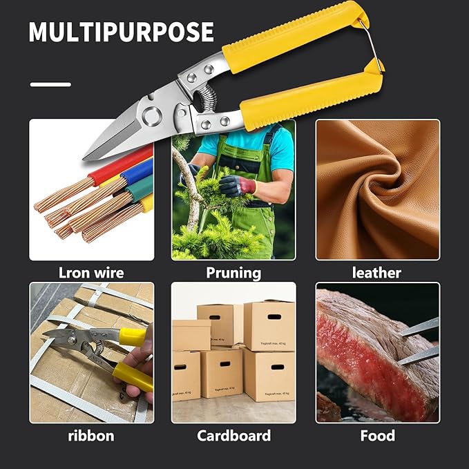 Heavy Duty Scissors, Cardboard Scissors, with Finely Serrated High Carbon Stainless Steel Blades- easy Cuts Electrical Cable Notch, Gardening Pruning, Leather, Solid Copper Wire, Insulated Cable, etc