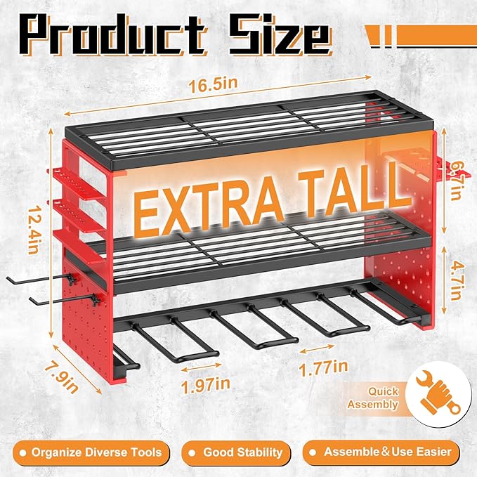 Power Tool Organizer Wall Mount, Heavy Duty 150Lbs Load Capacity with 4 Drill Holders,3 Layer Utility Shelf for Garage Storage and Workshop Organization(Red)