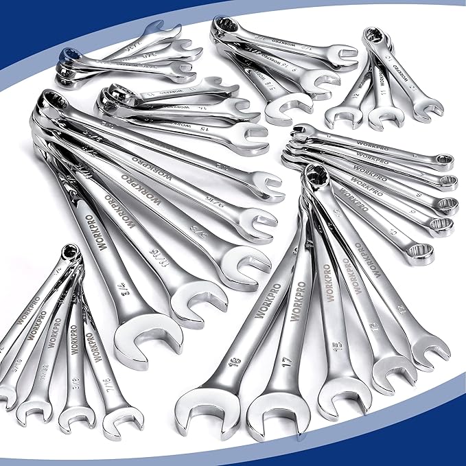 WORKPRO 32-Piece SAE & Metric Combination Wrenches Set, 20-Piece Standard wrenches and 12-Piece Stubby Wrenches with Organizer Tray, Cr-V Steel Mirror Chrome Polished