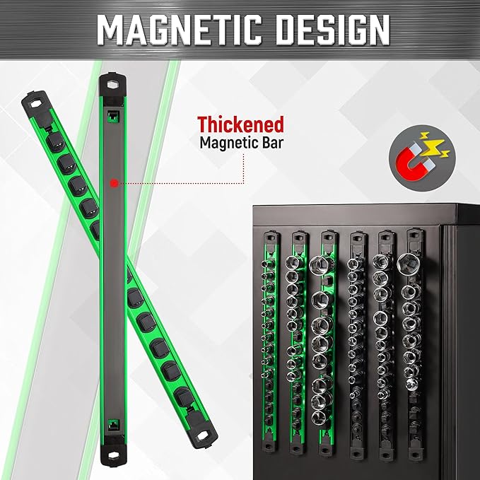 ALOANES 3-Piece Magnetic Socket Organizer, Heavy Duty Aluminum Socket Rails Organizer, 360째 Swivel Clips Socket Rail Set For Sockets Storage, 1/2-Inch Socket Holder x 36 Clips (Green)