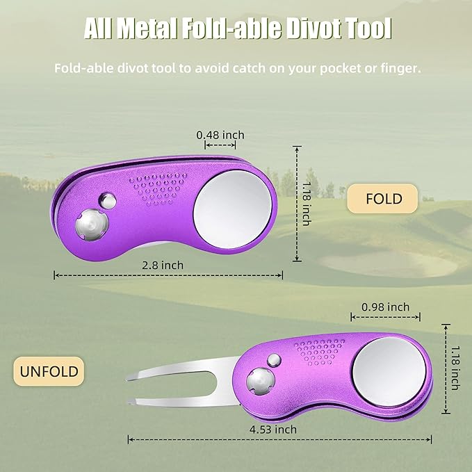 Mile High Life Golf Divot Repair Tool, All Metal Foldable Divot Tool with Pop-up Button & Magnetic Ball Marker