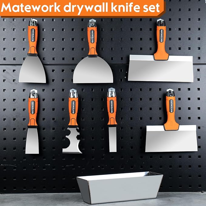 Drywall Tools, 8Pcs High Quality Stainless Steel Drywall Knife Set, Putty Knives with Mud Pan, Ergonomic Grip Tapping Knife with Hammer End for Wall Work