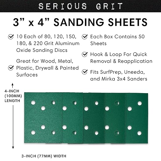 Serious Grit - 3" x 4" 6-Hole Assorted Grit Sanding Sheets - 80, 120, 150, 180, 220 Grit (10 of Each) - Fits Surfprep, Uneeda Ekasand, Mirka DEOS 343 - Sandpaper for 3x4 Sheet Sanders - 50 Pack Box