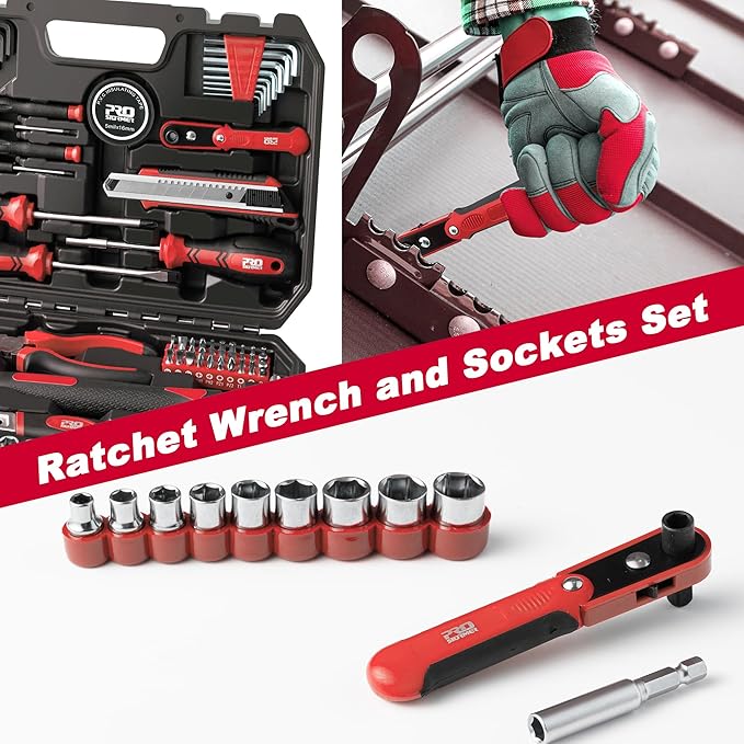 Prostormer 160-Piece Home Repair Tool Set, General Household Hand Tool Kit with Toolbox Storage Case for House, Garage, College Dorm and Office (Red)