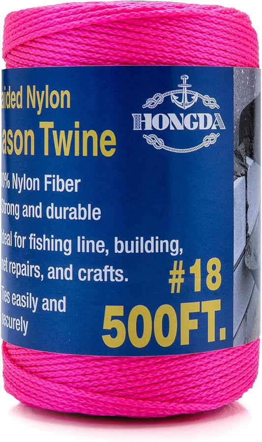 HONGDA Nylon Twine, 500 Feet #18 Braided Nylon Mason line String Perfect for Masonry Jobs and for The Layout of General Construction, Gardening, DIY Project, Fluorescent Pink