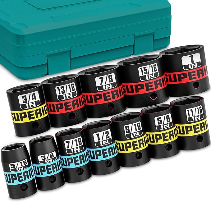 12 Piece 3/8" Drive Impact Socket Set, 5/16??to 1??Shallow Socket, SAE, 6 Point, CR-V, Automotive Motorcycle and Bicycle Maintenance, Machinery Manufacturing