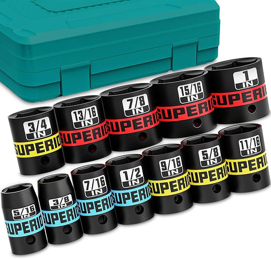 12 Piece 3/8" Drive Impact Socket Set, 5/16??to 1??Shallow Socket, SAE, 6 Point, CR-V, Automotive Motorcycle and Bicycle Maintenance, Machinery Manufacturing