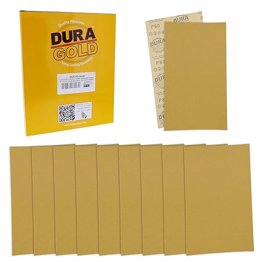 Dura-Gold Premium 5" x 2.75" Gold Sandpaper Sheets, 80 Grit (Box of 40) - Hook & Loop Backing, Wood Furniture Woodworking, Auto Paint - for Palm Sanders, Clip-On, Hand Sanding Blocks