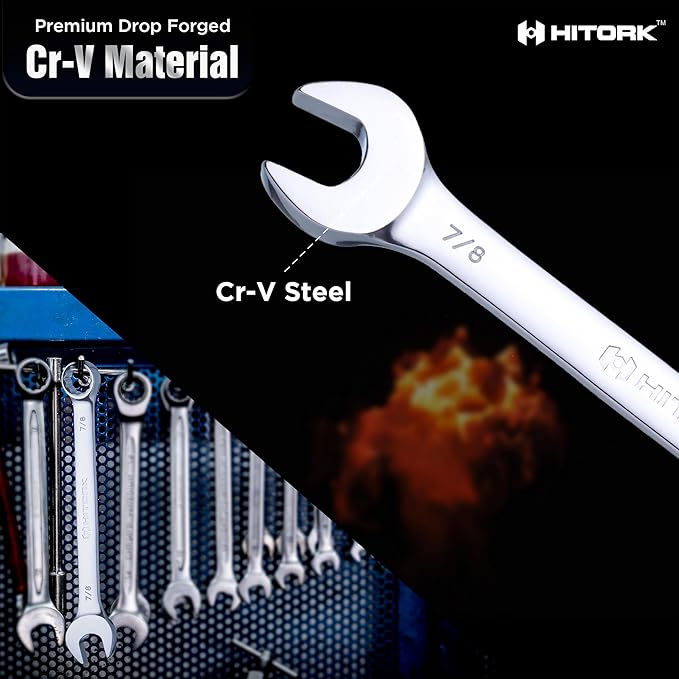Hitork 24-Piece Combination Wrench Set, SAE (1/4"??") & Metric (8??4mm), Cr-V Steel, Mirror Chrome Finish, 12-Point Box End, 15째 Offset, with Roll Pouch ??Ideal for Home, Garage & Auto Repair