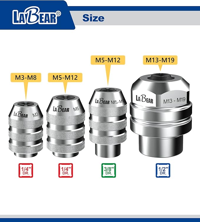 LABEAR 3/8"DR x M5?밠12 Interchangeable Adjustable Tap Chuck Adaptor ??Heavy-Duty Tap Socket for Hand Tapping