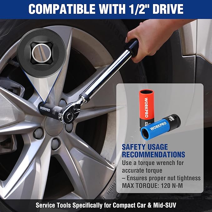 WORKPRO 1/2" Drive Lug Nut Socket Set, 5 Pieces 15 17 19 21 22 MM Non-Marring Lug Nut Wheel Socket Set, Thin Wall Wheel Protector Nut Socket