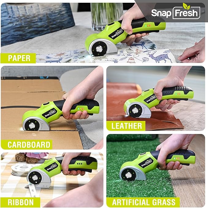 SnapFresh 4V Cordless Electric Scissors, Rechargeable Cardboard Cutter & Box Cutter Rotary Tool, 285 RPM Fabric Carpet Leather Cutter with LED, Extra Blade, 2.0Ah Battery & Storage Bag(SP5091)