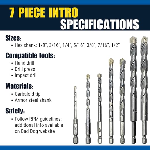 Bad Dog Intro 7 Piece Multipurpose High Speed Drill Bit Set. Carbide, Titanium, Cobalt Tip & Armor Steel Hex Shank. Made in USA. Drill Through Everything! Metals, Masonry, Wood, Tile & More
