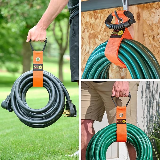 Easy-Carry Wrap-It Storage Straps - 22??(2-Pack) Blaze Orange with Grommet - Extension Cord Storage Holders and Carrying Straps for Garden Hose Storage