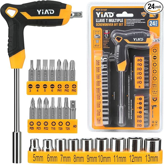 24-Piece T-Handle Magnetic Screwdriver Set, 14 CR-V Steel Bits & 9 Nut Drivers (5-13mm), Ergonomic Non-Slip Grip All-in-One Hand Tool for Household Repair, DIY & Bicycle Maintenance
