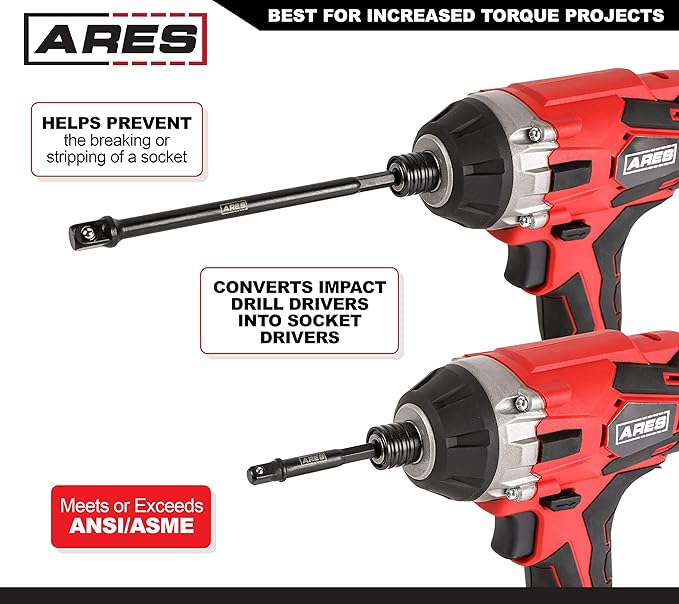 ARES 22025 ??6-Piece 3-Inch and 6-Inch Impact Grade Socket Adapter Set - Turns Impact Drill Driver into High Speed Socket Driver - 1/4-Inch, 3/8-Inch, and 1/2-Inch Drive with Storage Holder